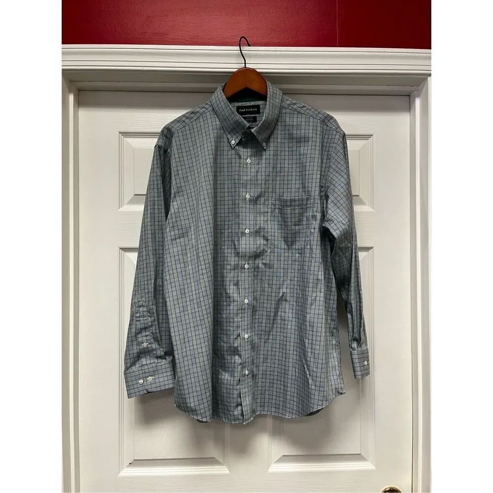 Paul Fredrick Blue & Green Check Stripe No Iron Cotton Button Down Shirt sz 17-1
